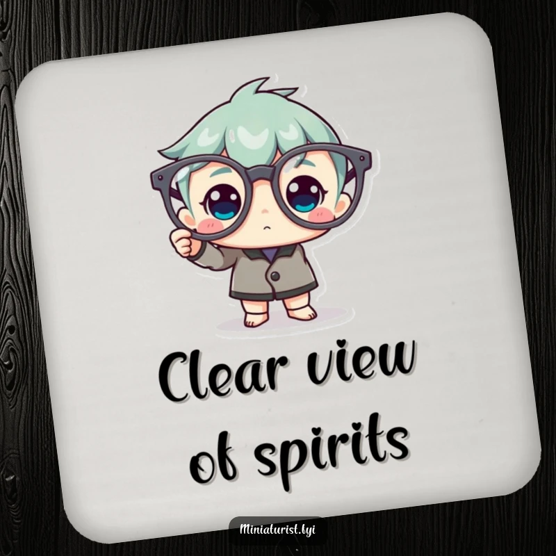 Funny Coaster: A miniature character proudly polishes a pair of oversized spectacles, protecting surfaces with humor.