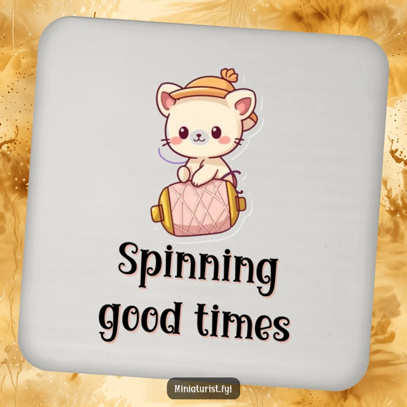 Funny Coaster: A cute animal character wearing a tiny hat rides a runaway spool of thread, adding fun to drinks.