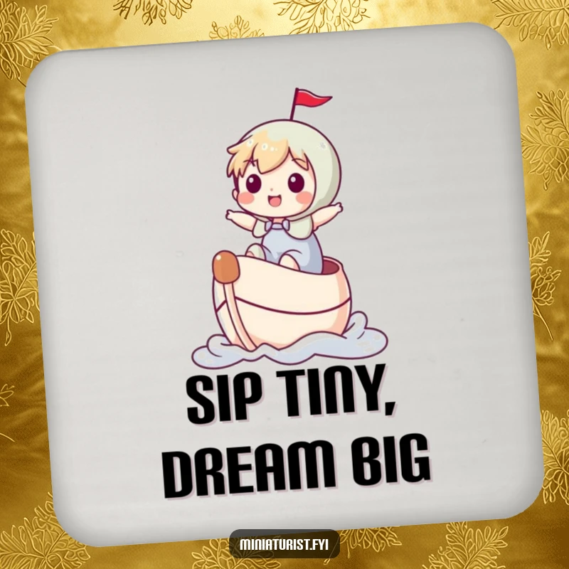 Funny miniature character joyfully riding a thimble like a boat on a drink coaster, a whimsical and humorous accessory.