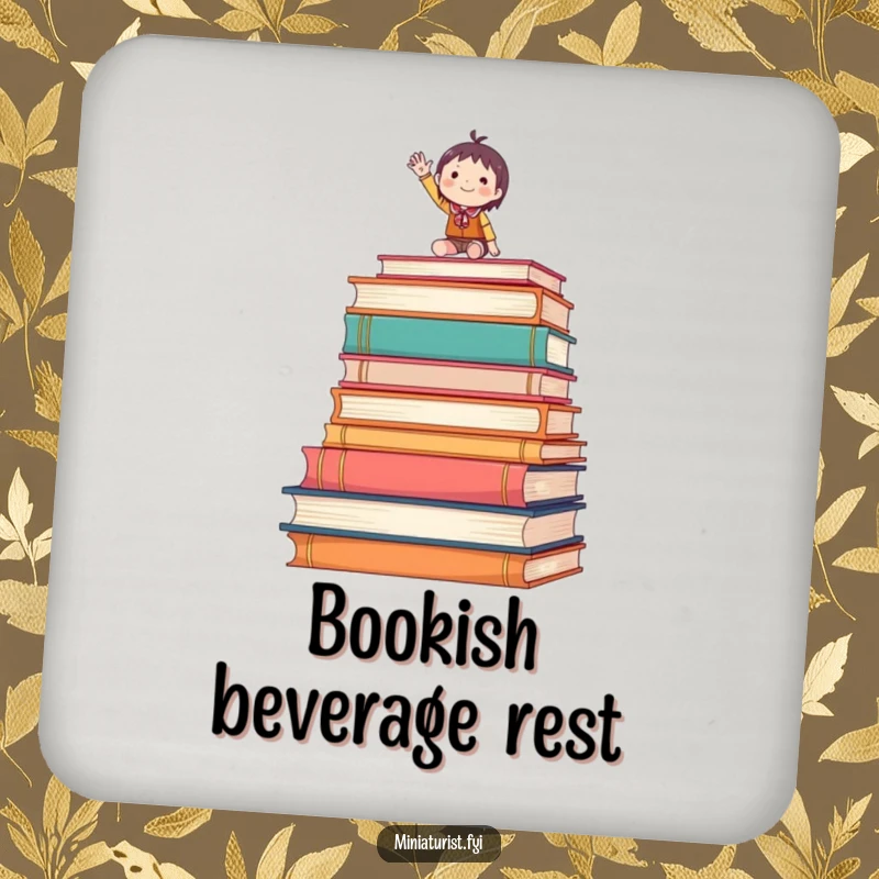 Funny coaster with a tiny figure waving enthusiastically from atop oversized books, a humorous table accessory.