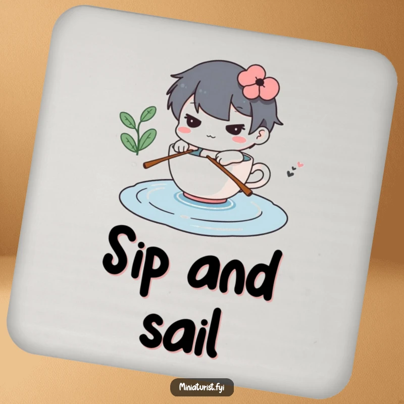 Funny coaster with a determined miniature character rowing a teacup across a puddle, a humorous table accessory.