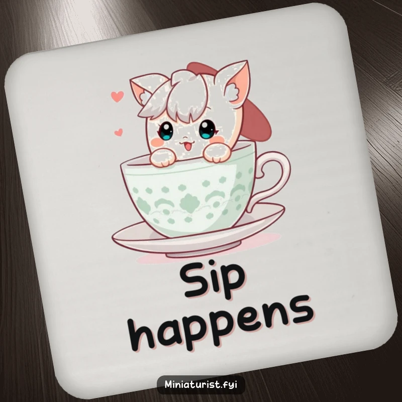 Funny Teacup Peek Coaster: A cute character peeking from a teacup, guarding tabletops with adorableness.