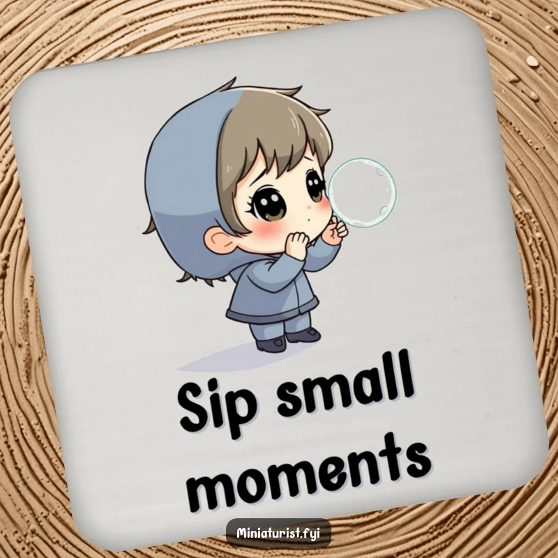 Funny Drink Coaster featuring a small person observing a magnified dewdrop, adding art to tabletops.