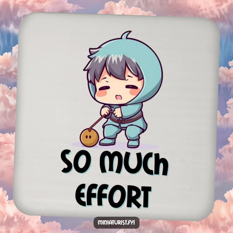 Funny drink coaster showing a tiny character comically struggling to lift a minuscule weight, a humorous piece of practical decor.