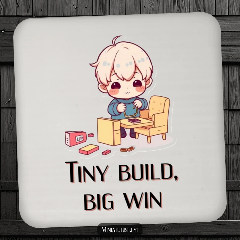 Funny drink coaster showing a tiny character diligently assembling miniature furniture, a humorous piece of practical decor.