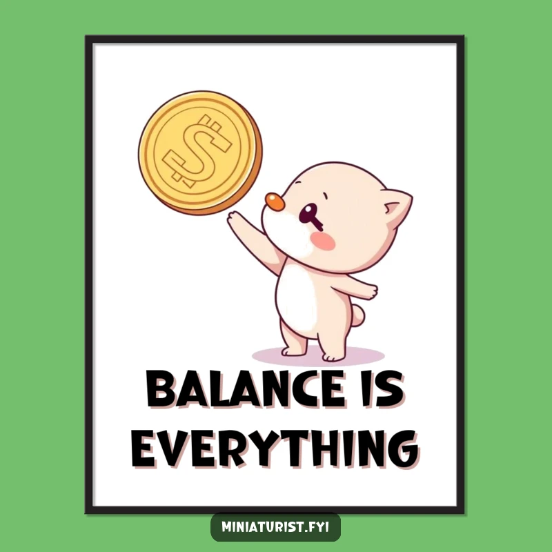 Funny Coin Balancing Act Poster: Charming Character Art for Wall Decor