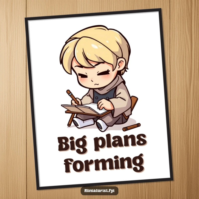 Funny Artisan Sketcher Poster featuring a small figure sketching on a tiny notepad with determination, a humorous tribute to creative focus.