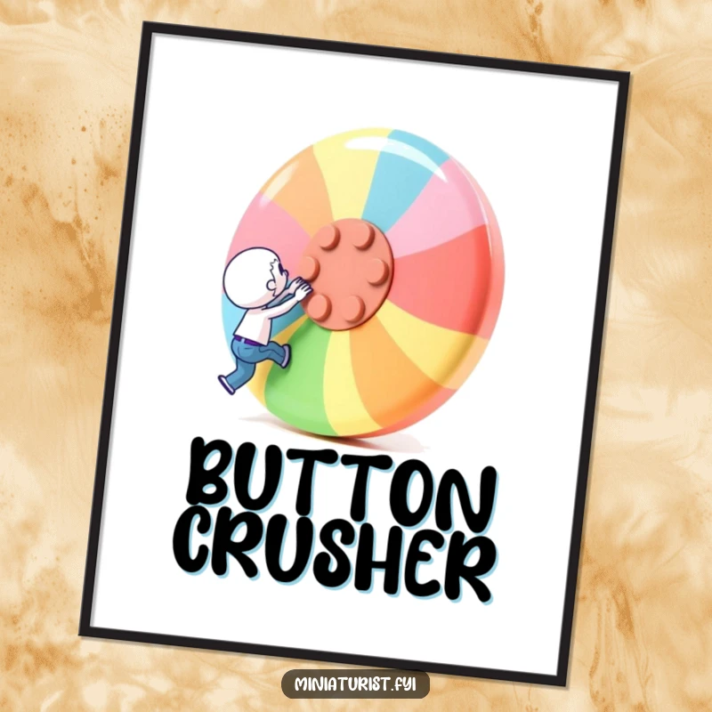 Funny Poster: A miniature character attempts to lift a giant, colorful button, symbolizing perseverance and strength.