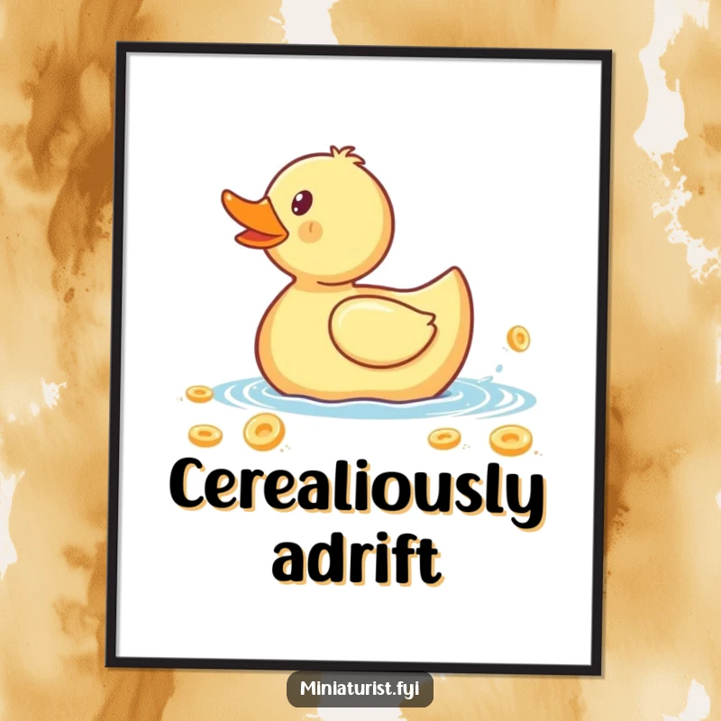 Funny poster art of a minuscule rubber ducky paddling a giant cereal flake, a humorous depiction of a wild breakfast ride.