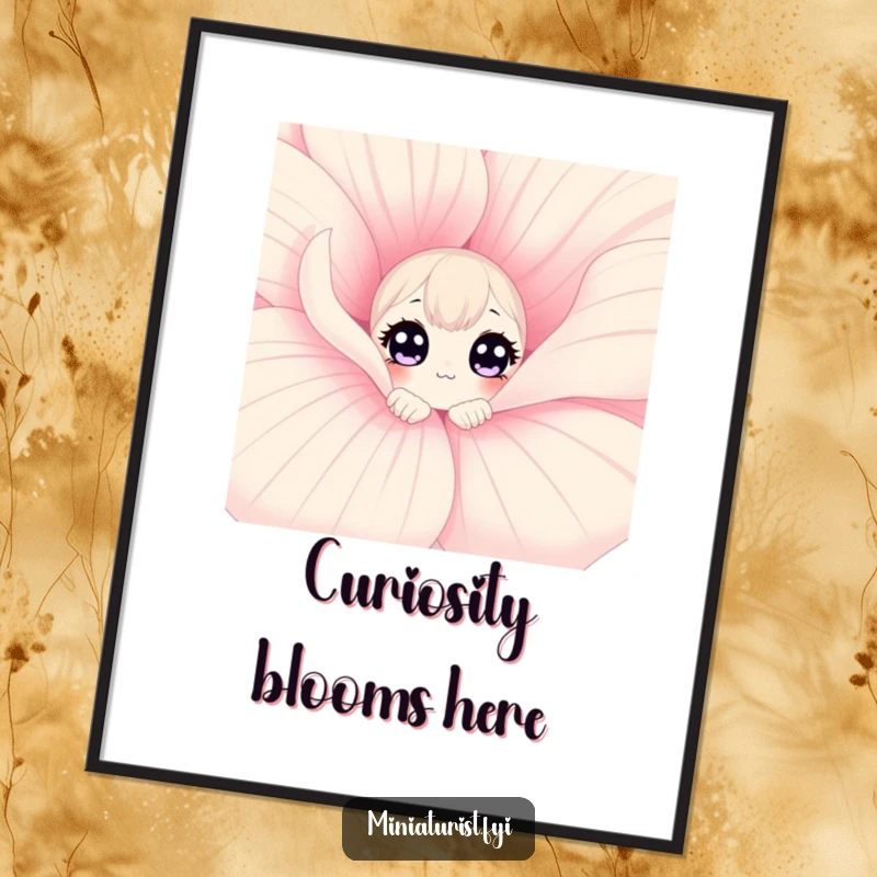 Funny curious flower poster showing a small character with wide eyes peeking from behind a colossal petal, full of wonder.