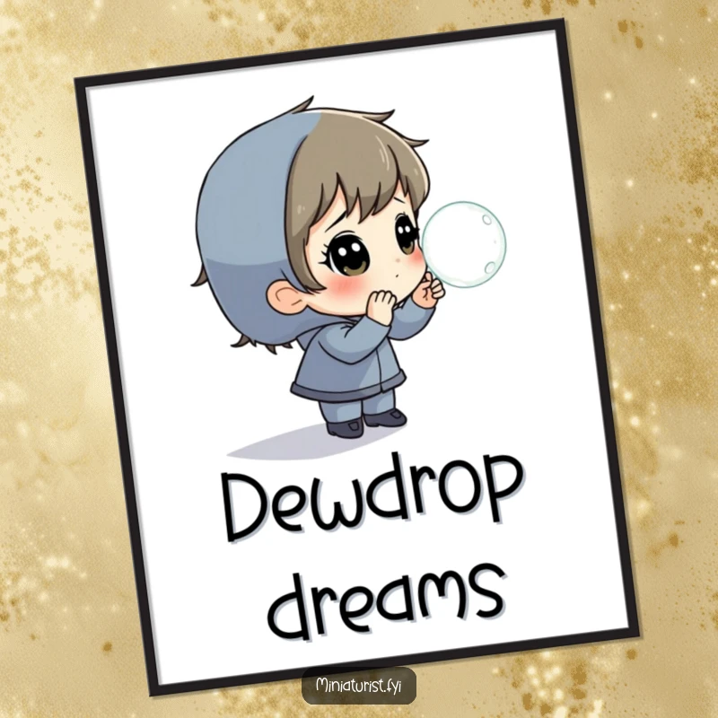 Funny Poster showcasing a tiny person in awe of a giant dewdrop, a beautiful piece of nature-inspired art.