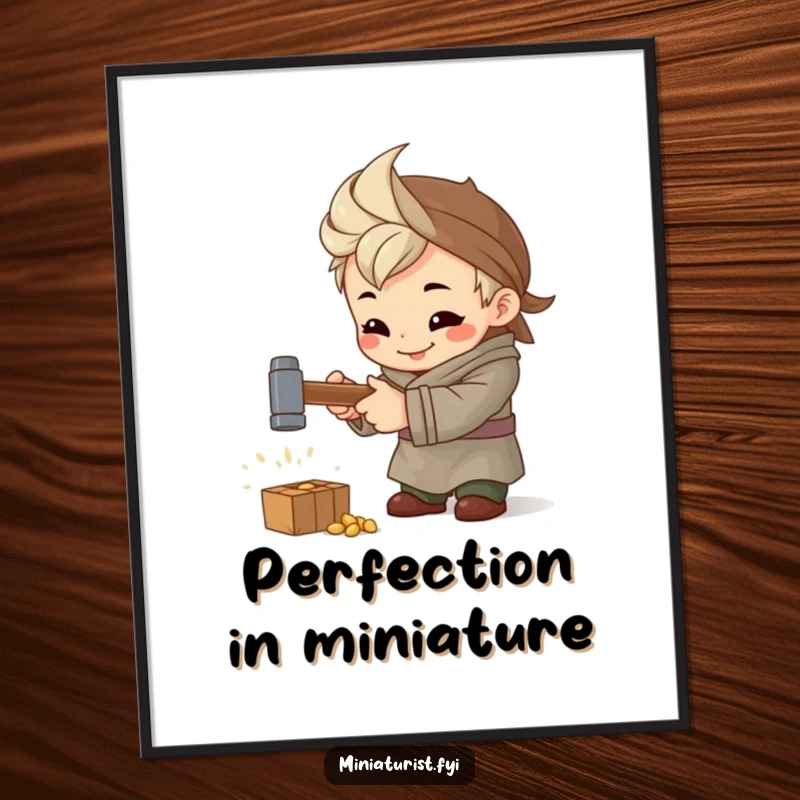 Funny Artisan Hammer Poster, artwork of a tiny artisan hammering a miniature hammer with intense focus and a smile, inspiring.