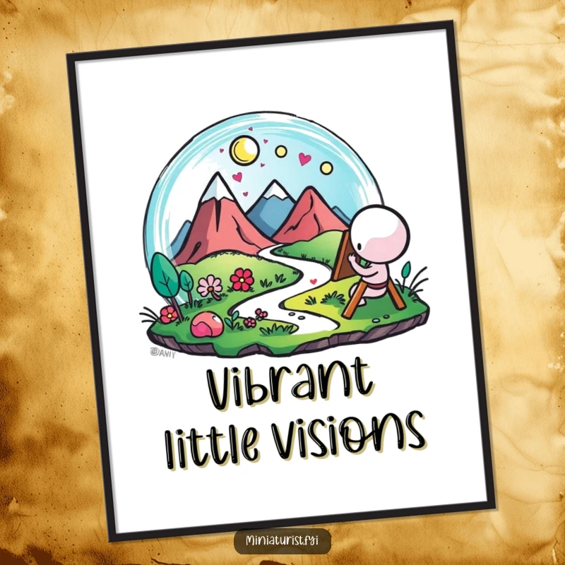 Funny Artist Landscape Poster, artwork of a small figure painting a microscopic landscape with vibrant, happy strokes, inspiring art.