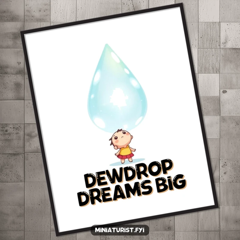 Funny tiny character looking up in awe at a colossal, sparkling dewdrop, illustrated in a serene art print.