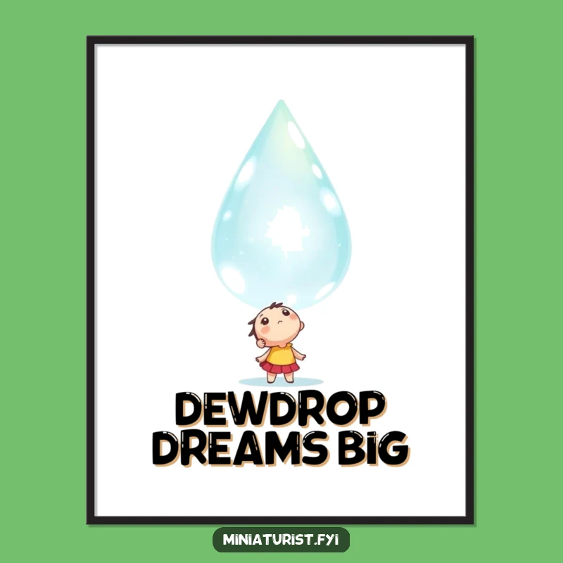 Funny Awe-struck Dewdrop Poster: Tiny Character's Wonder Art Print Gift