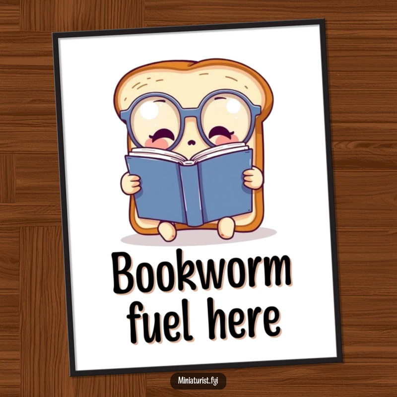 Funny miniature toast character wearing oversized spectacles, reading a huge book, depicted as smart wall art for a literary atmosphere.