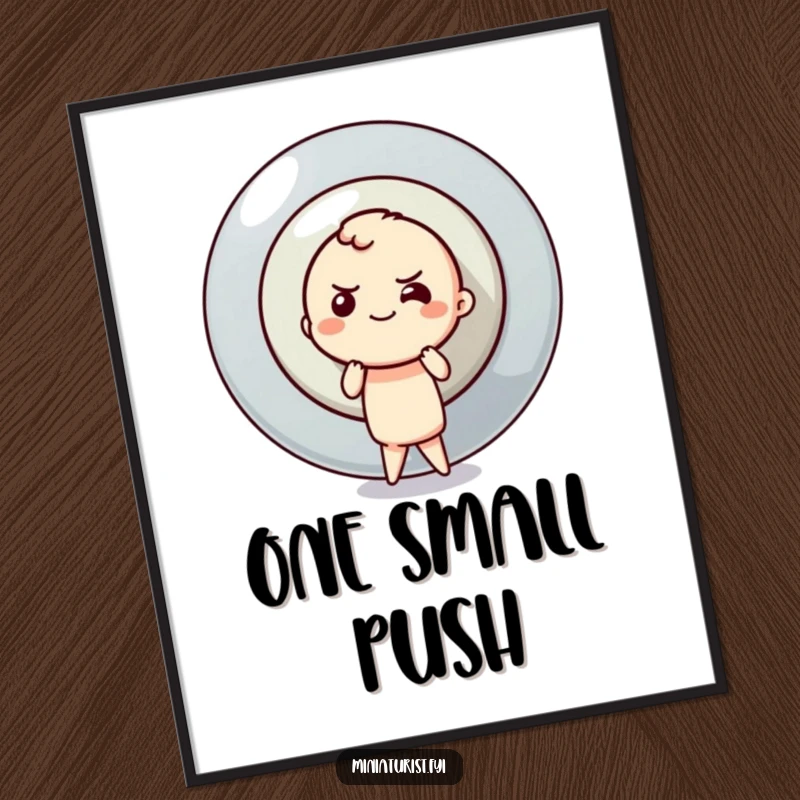 Funny button pusher poster showing a small determined character attempting to press a colossal button, inspiring effort and big goals.