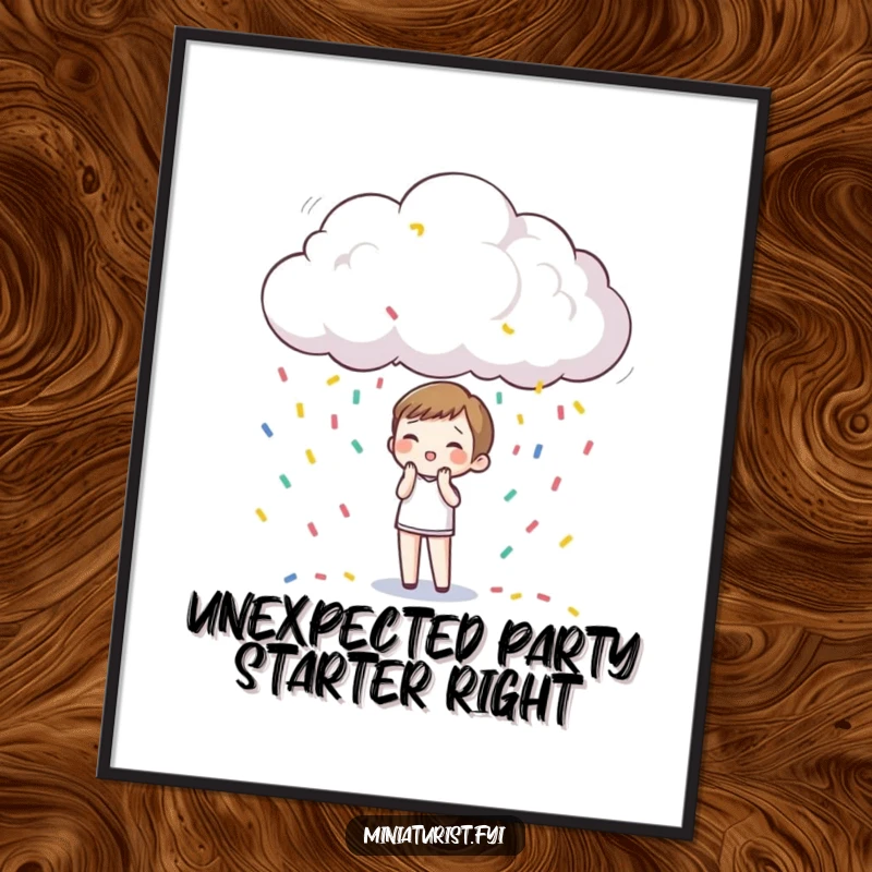 Funny Poster: A miniature character is amazed by a tiny raincloud releasing a shower of colorful confetti.