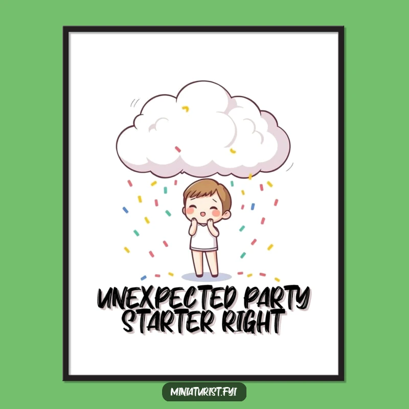 Funny Confetti Rain Poster: Tiny Surprise Character in Miniature Cloud, Whimsical Art