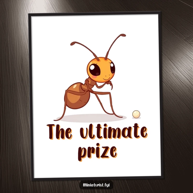 Funny poster art of a determined ant carrying a minuscule pearl, showcasing incredible effort and the spirit of never giving up.