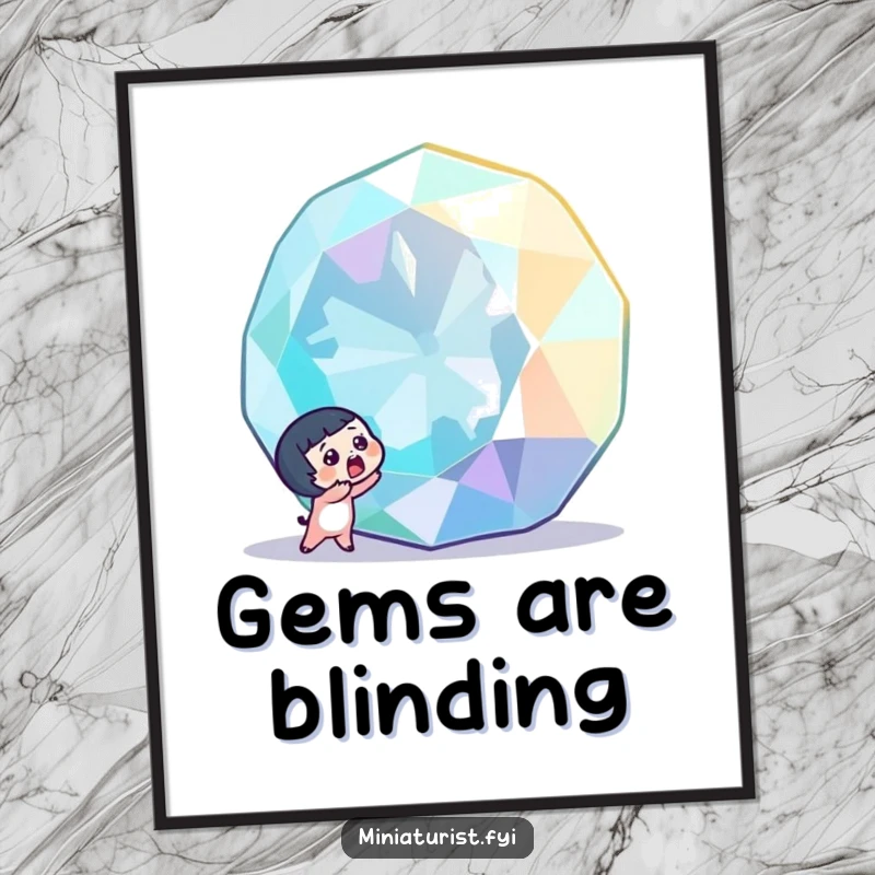 Funny tiny character with a surprised gasp, discovering a colossal, sparkling gemstone, captured in a radiant and humorous poster.