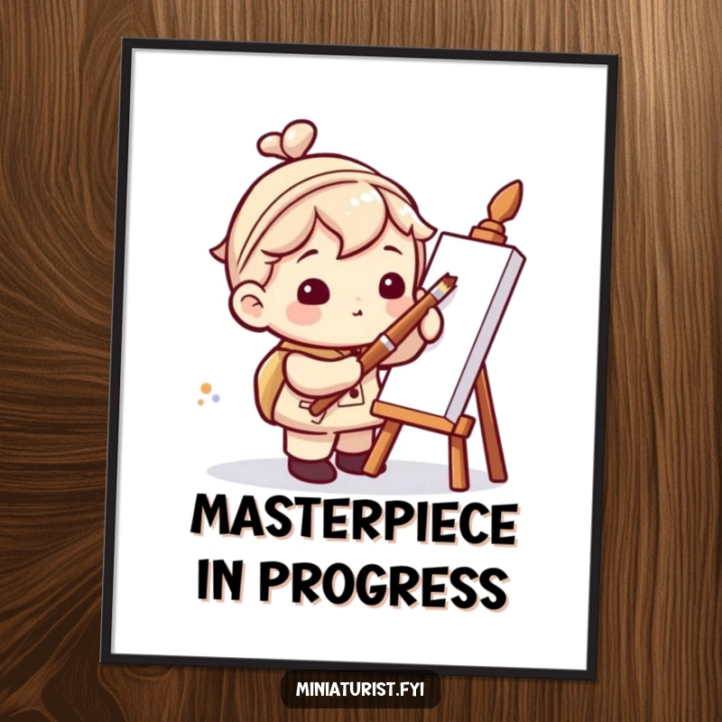 Funny poster of a miniaturist character humorously painting a tiny dot using an oversized, colossal paintbrush, ideal for art lovers.