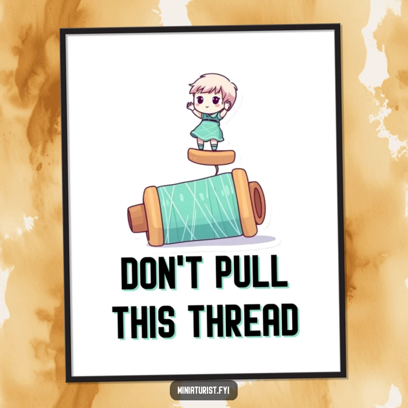 Funny poster of a miniaturist character humorously balancing on a giant spool of thread, perfect for adding whimsy to decor.
