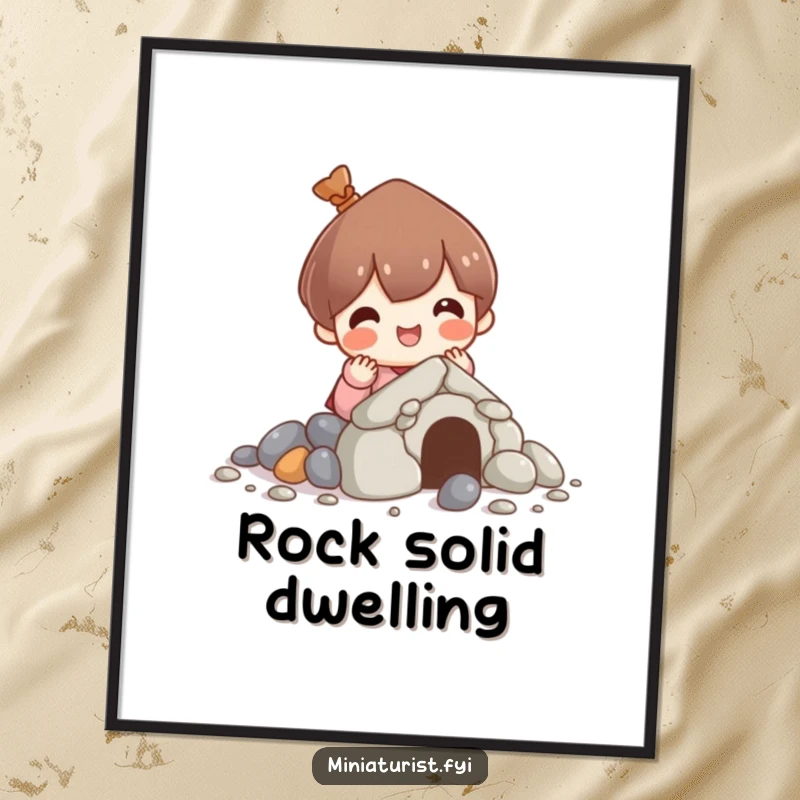 Funny poster featuring a character joyfully assembling a house from small pebbles, evoking feelings of home and creative endeavor.