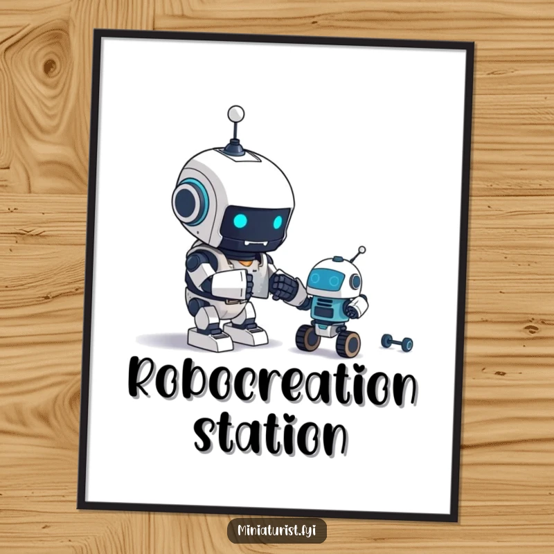 Funny Poster: A tiny robot is depicted excitedly assembling an even tinier robot, a charming piece of tech art.