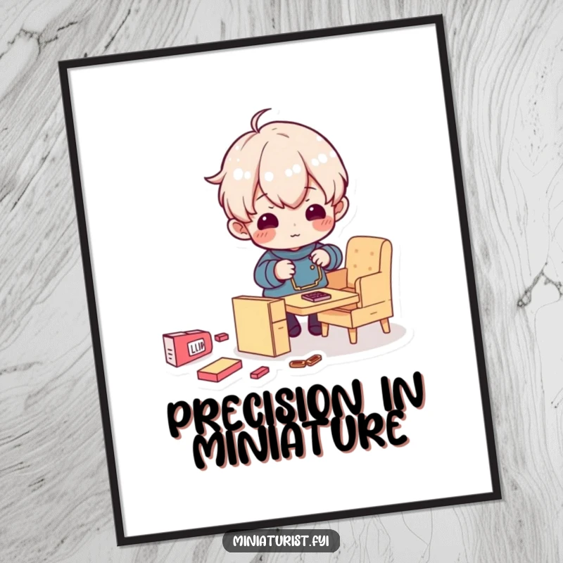 Funny poster art of a tiny character passionately assembling minuscule furniture, a humorous depiction of determination and scale.