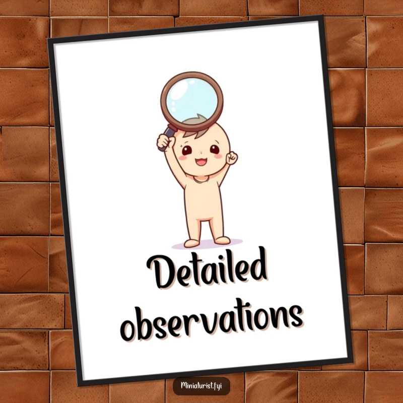 Funny Investigator Poster: Tiny triumphant figure holding a comically oversized magnifying glass, celebrating discovery and insight.