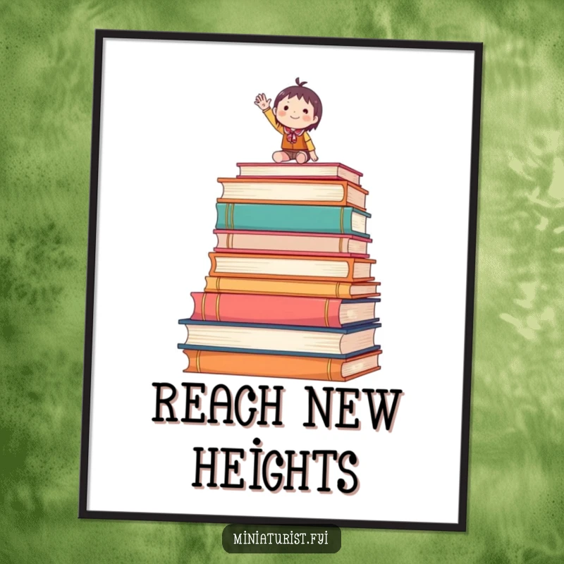 Funny poster of a tiny figure waving enthusiastically from atop a stack of oversized books, inspiring wall art.