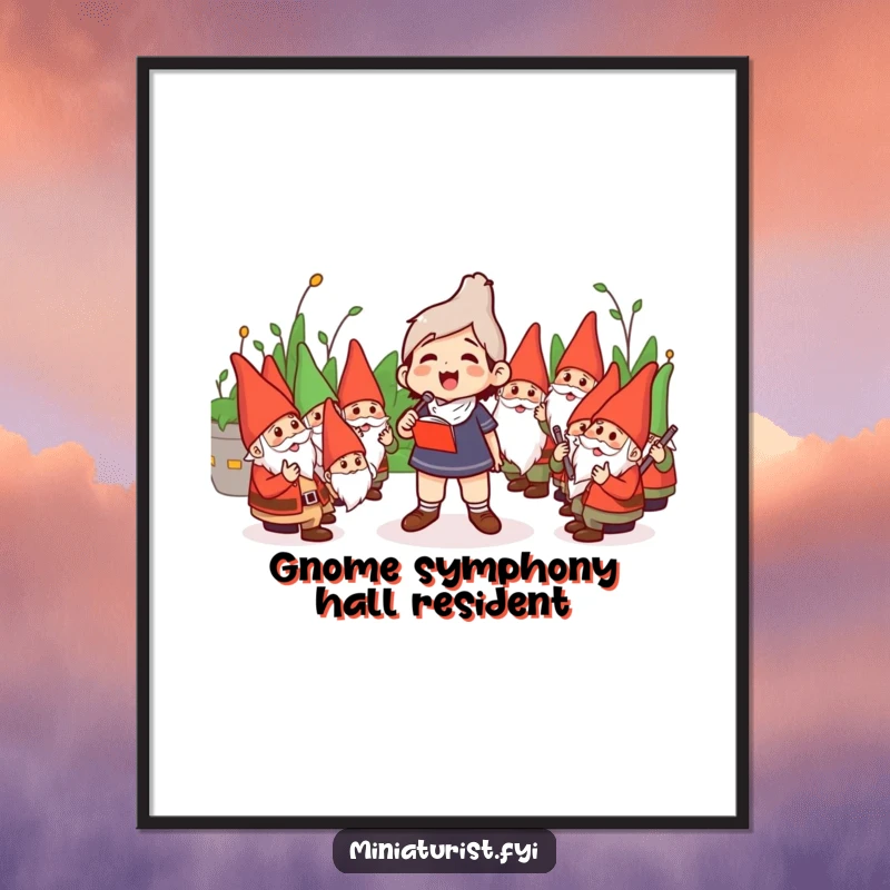 Funny Poster: Miniature conductor enthusiastically directing a humorous orchestra of garden gnomes, full of whimsical energy.