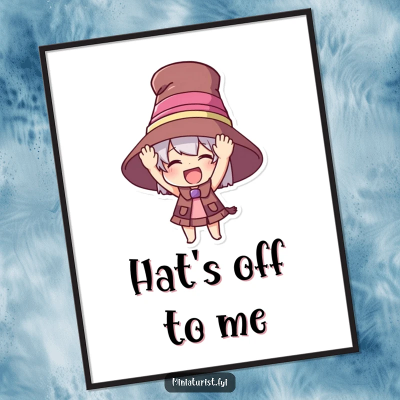Funny poster capturing a miniature figure's excitement as they try on a comically large hat, a hilarious fashion moment.
