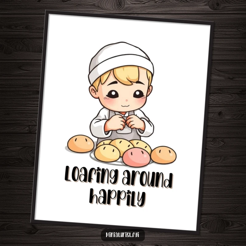 Funny Baker Loaf Poster, artwork of a small baker shaping miniature clay bread loaves with playful concentration, charming kitchen decor.