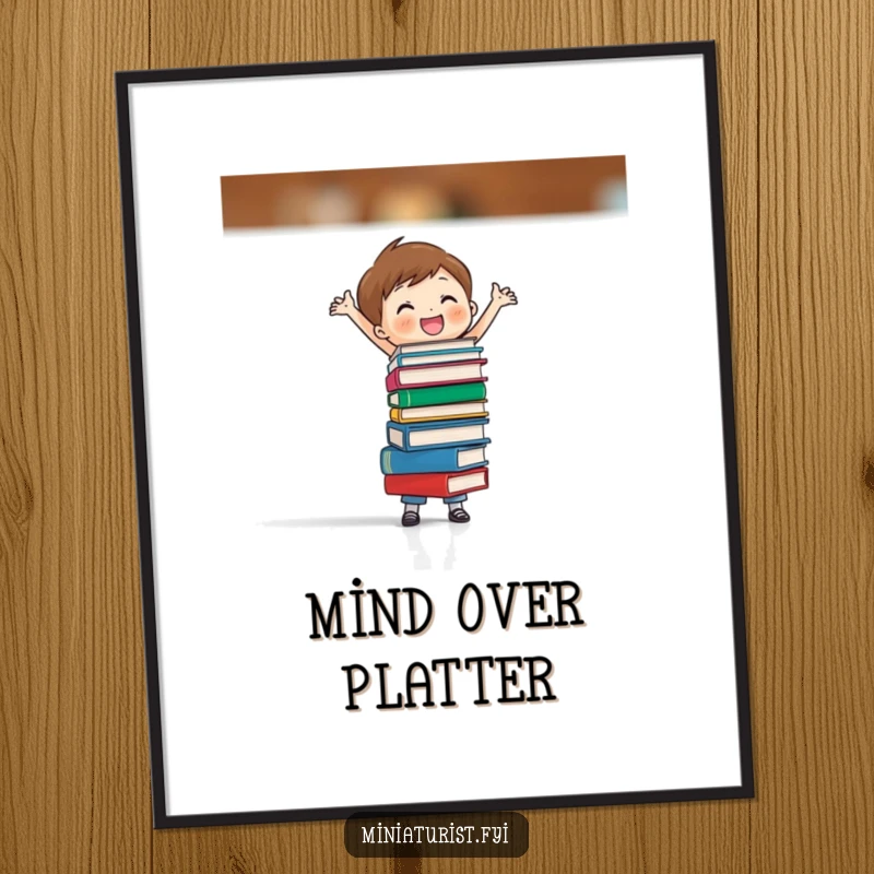 Funny poster showing a tiny figure joyfully balancing a stack of minuscule books, celebrating intellect and accomplishment with humor.