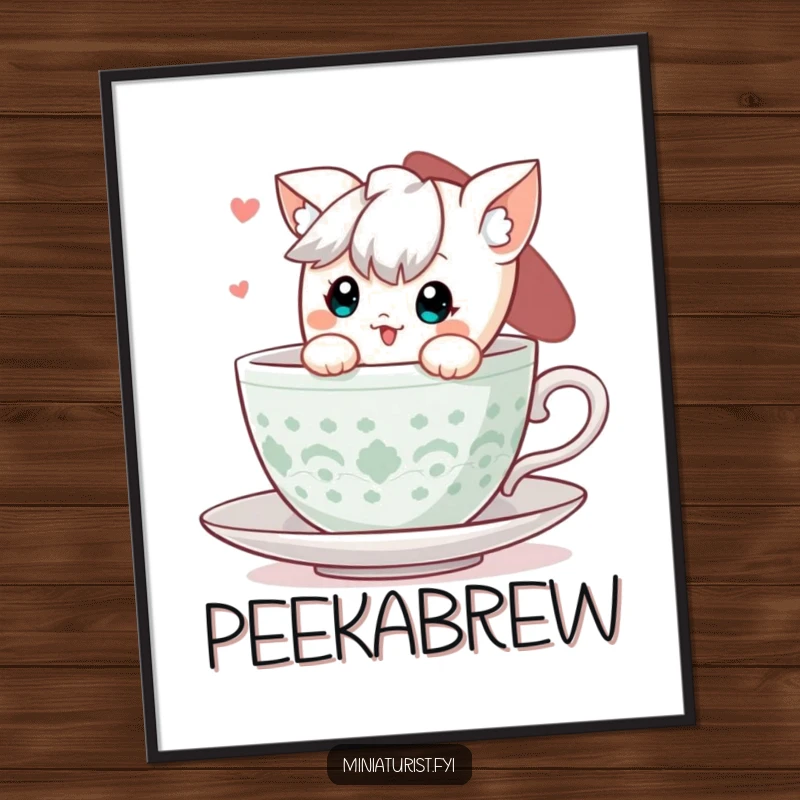 Funny Teacup Peek Poster: A cute character peeking from a tiny teacup, creating charming wall art.