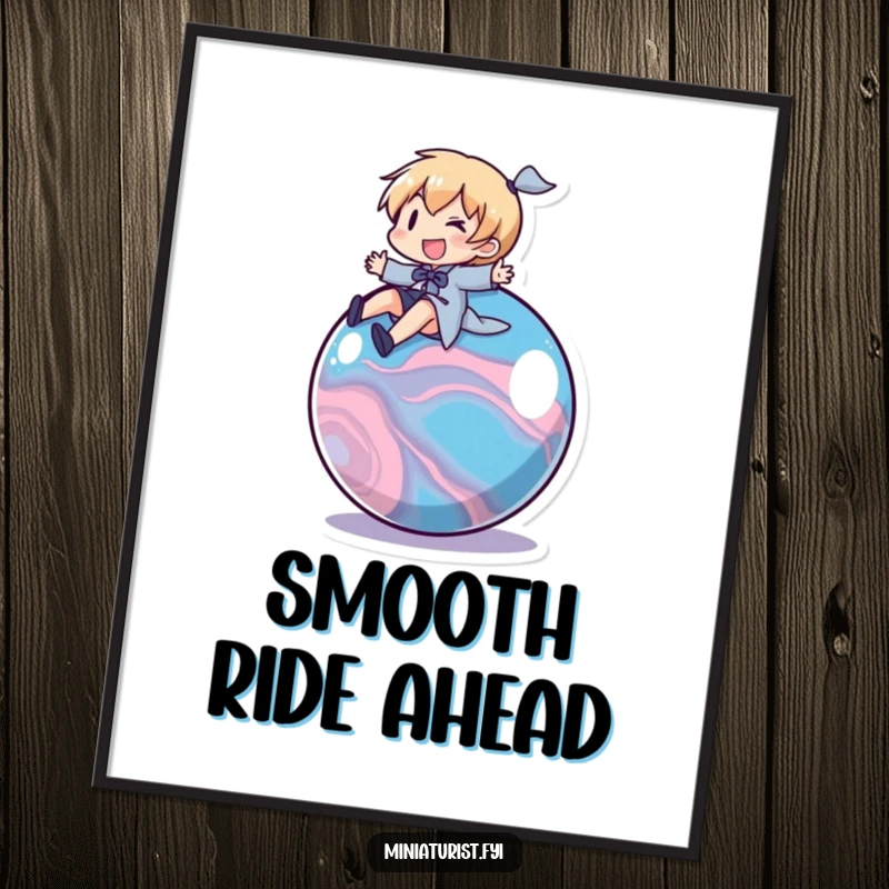 Funny Marble Rider Poster: A small character in motion, joyfully riding a rolling marble, creating dynamic wall art.