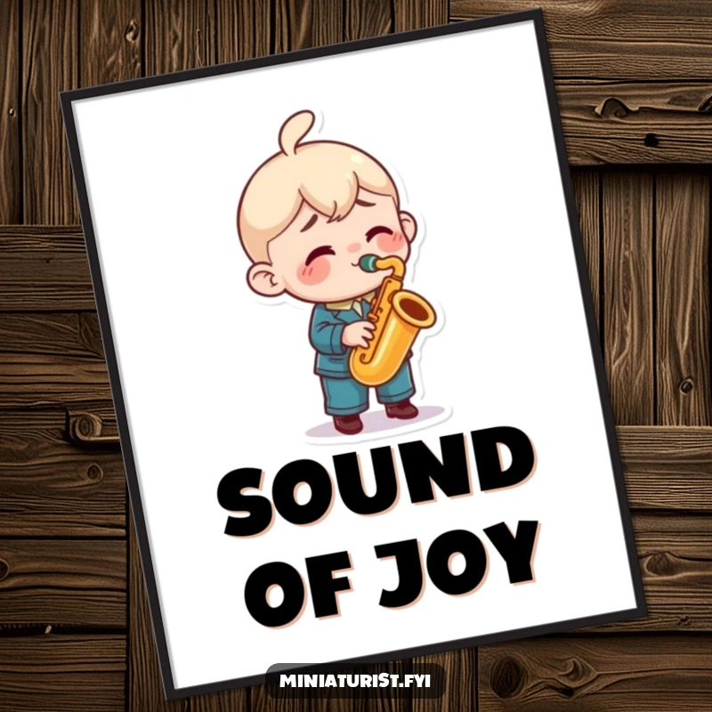 Funny saxophone poster depicting a miniature character playing a tiny saxophone with great enthusiasm, capturing a moment of pure musical joy.