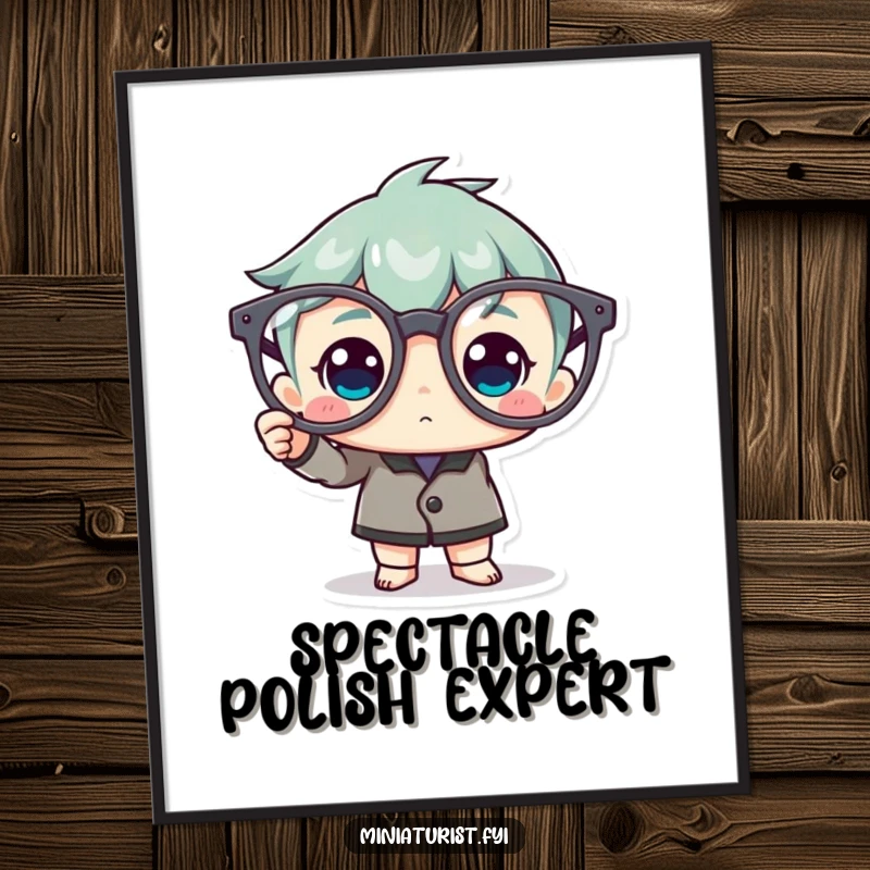 Funny Poster: A miniature character meticulously shines a pair of gargantuan spectacles, emphasizing their grand size.