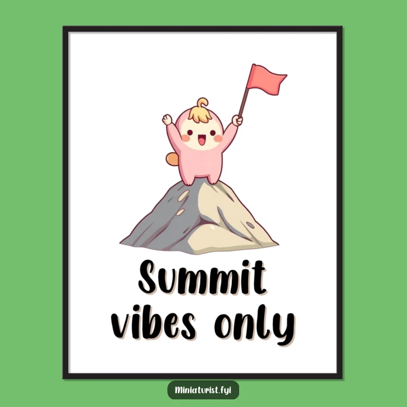 Inspiring Funny Mountaintop Art Poster: Cute Character Flag Waving, Cool Funny Gift Decor