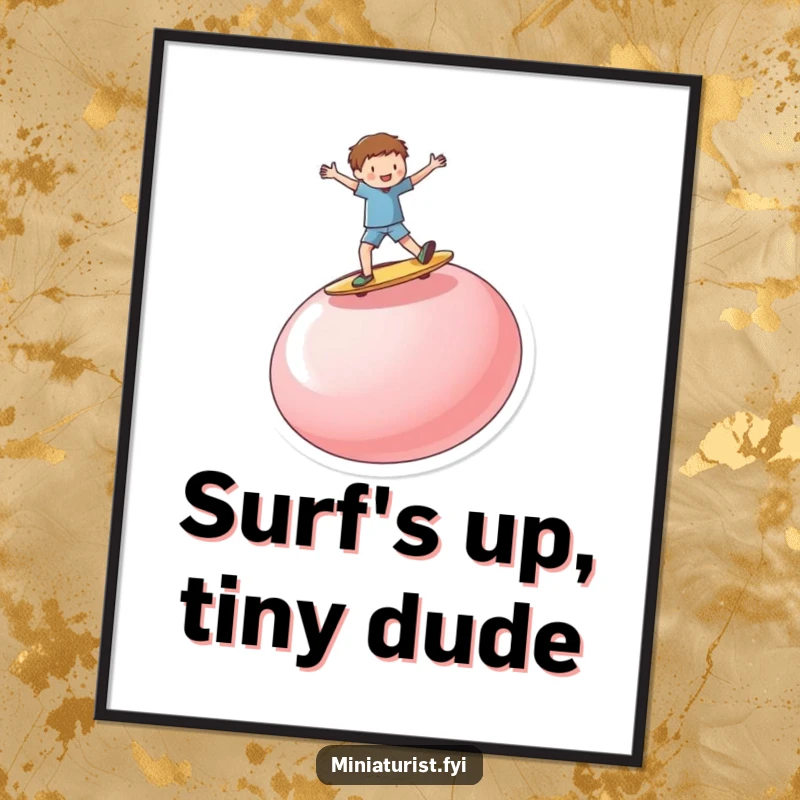 Funny miniature person enthusiastically surfing on a ridiculously large, upturned button, captured in a dynamic and humorous poster.