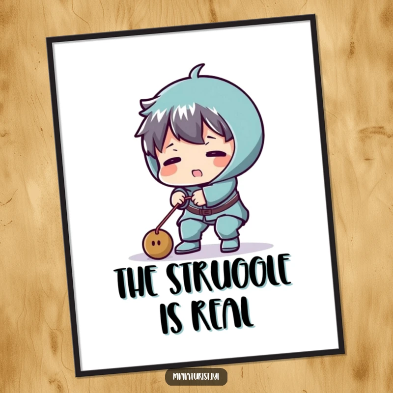 Funny poster art of a tiny character comically straining to lift a minuscule weight, capturing humorous physical exertion.