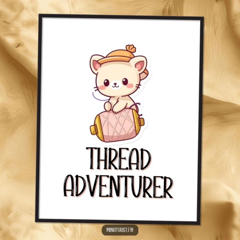 Funny Poster: A cute animal character wearing a tiny hat rides a runaway spool of thread, capturing a moment of zany fun.