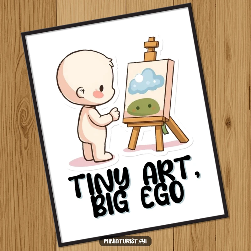 Funny Proud Artist Poster featuring a small figure admiring a tiny artwork with pride and a smile, a humorous tribute to artistic success.