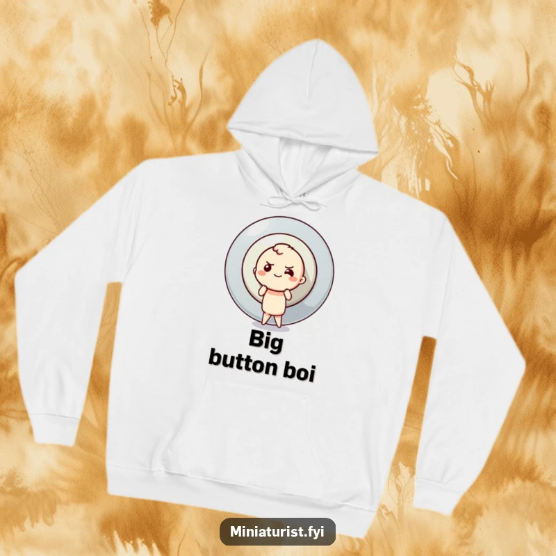Funny hoodie showing a small character with a determined smile pushing a colossal button, signifying motivation and big efforts.