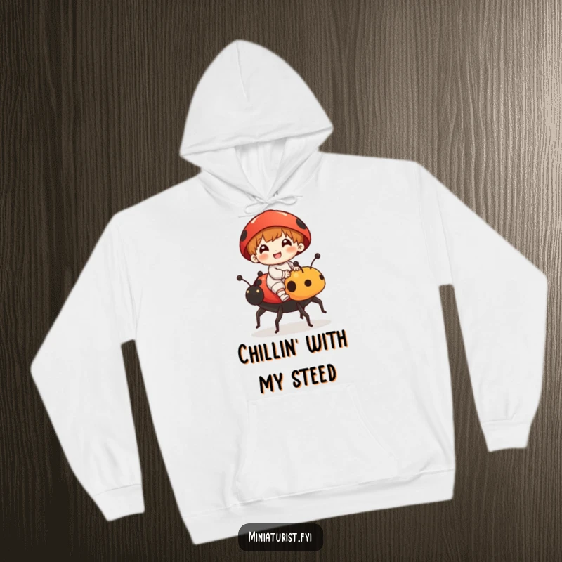 Funny hoodie showing a miniature character riding a ladybug with glee, like a tiny knight on a valiant steed, offering cozy humor.