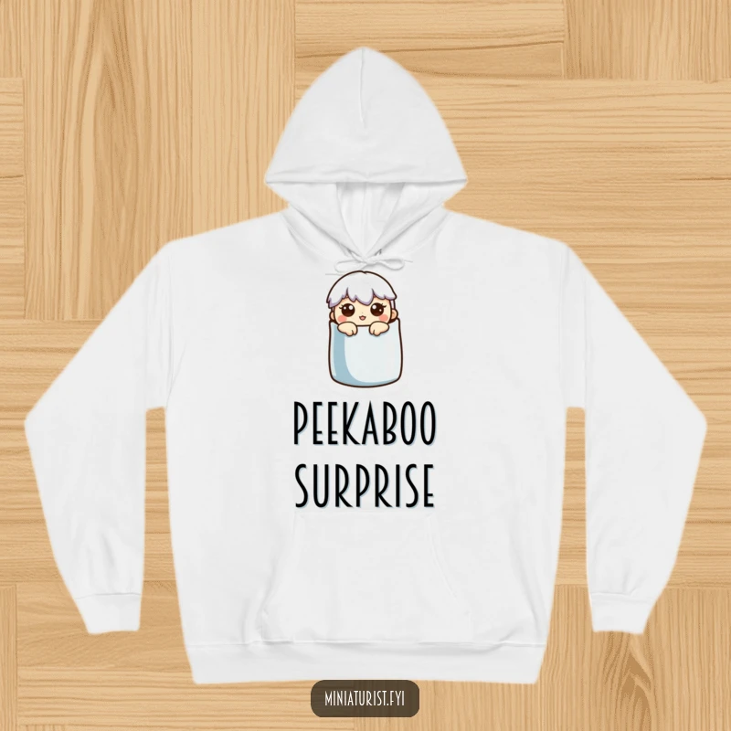 Funny Hoodie: A miniature character pops out of a thimble, wearing a wonderfully surprised face.