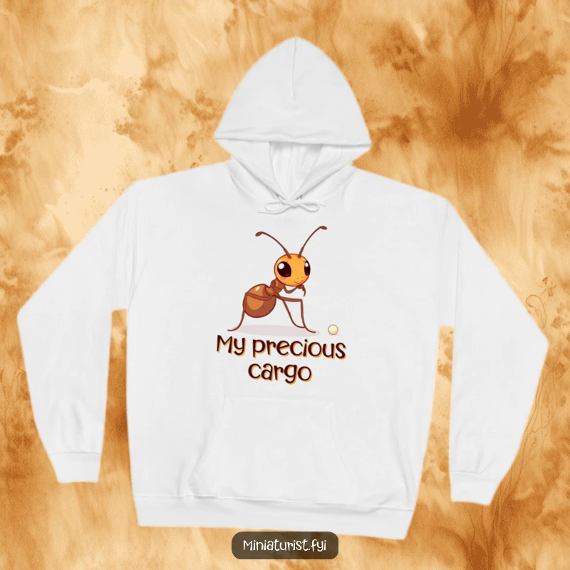 Funny hoodie featuring a determined ant carrying a minuscule pearl, symbolizing immense strength and unwavering focus on a goal.
