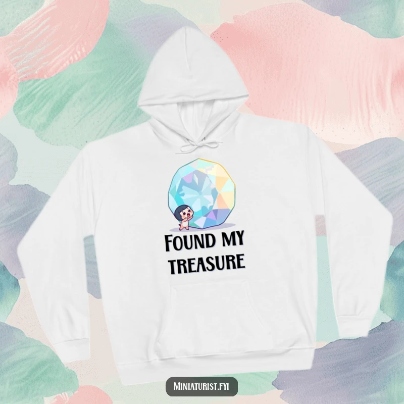 Funny tiny character with a surprised gasp, discovering a colossal, sparkling gemstone, printed on a soft and warm hoodie.
